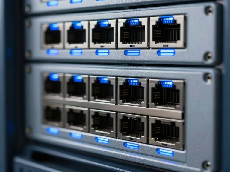 Macro shot of high-end server rack ports with blue and metallic silver indicator lights, clean industrial photography, 50mm lens, sharp focus