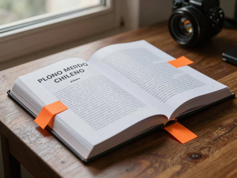 Plano medio de un libro del Código del Trabajo chileno sobre un escritorio de madera, luz natural de ventana, páginas marcadas con notas adhesivas de color naranja de seguridad.