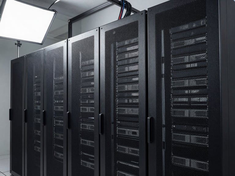 High-resolution wide shot of a full server installation in a client environment, multiple rack enclosures side by side, overhead cable management visible, studio strobe lighting, no people