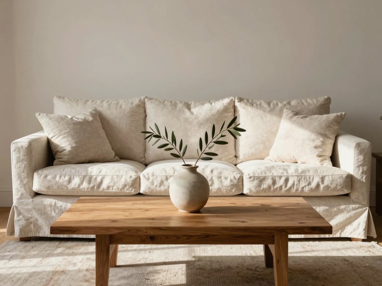 Straight-on architectural shot of a sun-drenched Melbourne living room, soft morning daylight illuminating a cream linen sofa, oak coffee table, and subtle olive branch in a ceramic vase.