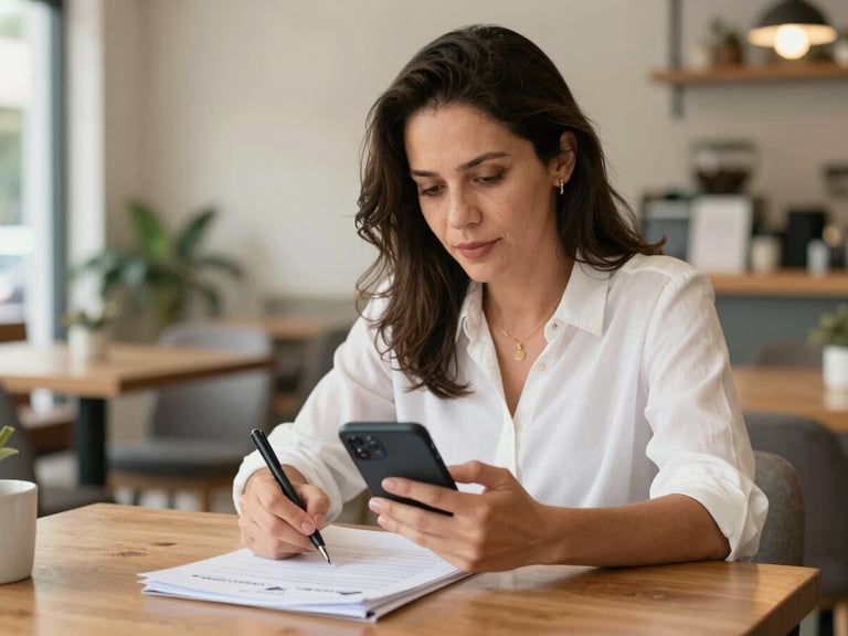 Mulher brasileira profissional, na faixa dos 40, em um café tranquilo, revisando documentos em uma pasta e usando um smartphone. Ambiente moderno, luz do dia.