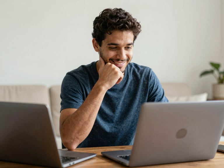 Homem brasileiro de 30-40 anos, com expressão de alívio, usando um laptop em sua casa, com um smartphone ao lado. Luz ambiente suave, foco na pessoa.