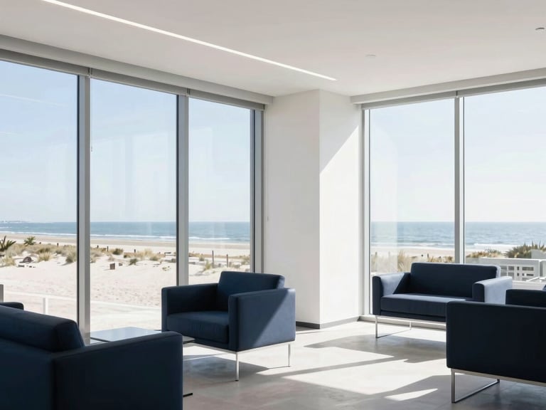 Bright sunlit modern corporate office interior in Charleston, clean lines, large windows with coastal daylight, minimalist furniture, sharp focus, 35mm