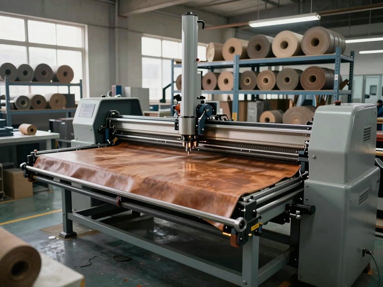 Wide shot of a manufacturing floor in Agra showing precision leather cutting equipment and stacked material rolls on industrial shelving, cool diffused daylight from high windows, no workers visible, emphasis on mechanical precision and organized workflow