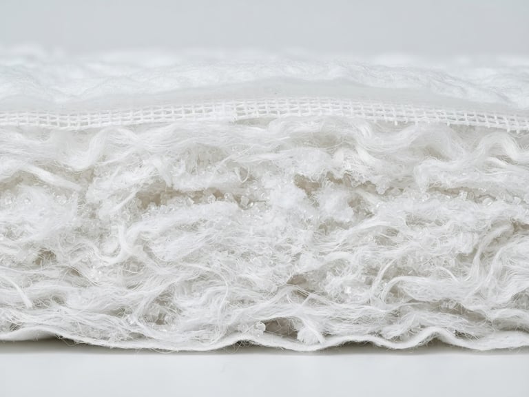 Macro studio shot of unbranded white diaper core layers, showing clinical fiber textures, bright high-key lighting, soft neutral background.