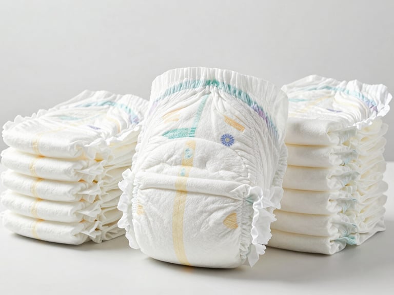 Bright high-key studio shot of unbranded white diapers neatly stacked on a clean surface, clinical aesthetic, soft neutral tones.