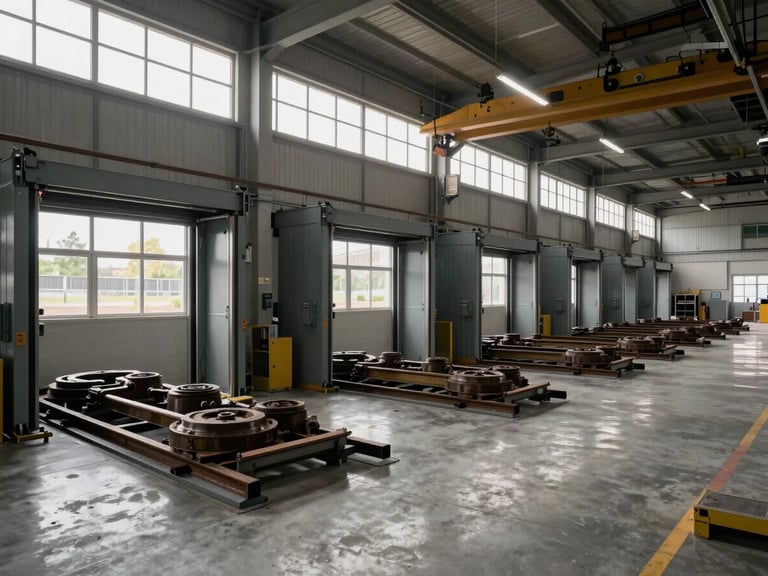 Wide interior of a completed railway depot maintenance facility, overcast daylight through clerestory windows, wheelset maintenance bays in precise alignment, finished concrete floor and overhead crane rail visible, no workers, no construction debris