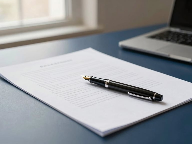 A clean, high-end corporate desk setup, a fountain pen resting on a structured document, soft morning light filtering through a window, deep navy and slate tones, shallow depth of field.