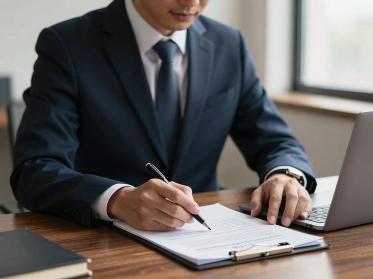 Medium portrait of an insurance advisor analyzing a complex paper contract on a dark wood desk, soft natural window light, shallow depth of field, professional corporate editorial.