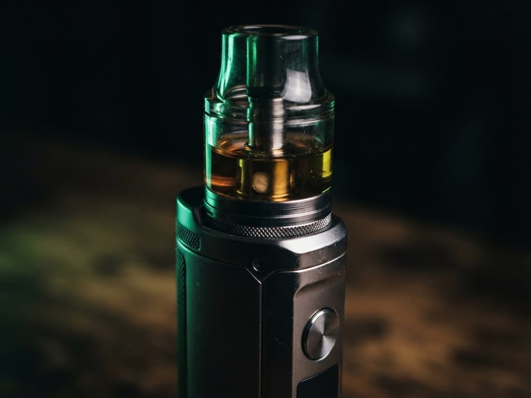 Dramatic macro close-up of a premium glass pod and metallic vape device, low-key lighting with deep shadows and sharp emerald green reflections, 35mm
