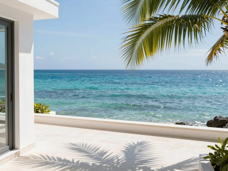Sun-drenched luxury villa terrace overlooking a calm turquoise ocean, palm fronds casting soft shadows, bright natural daylight, editorial travel photography style