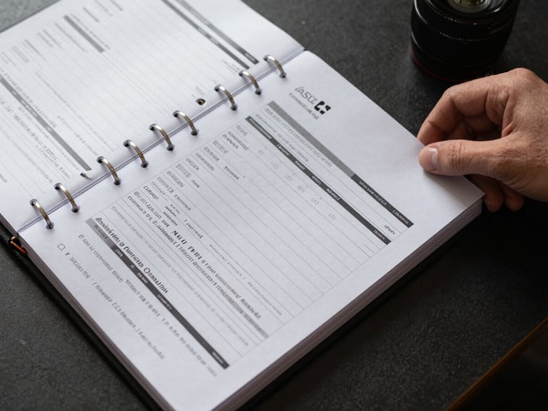 Overhead flat-lay of an open portfolio binder with printed job sheets and rate cards spread across a dark surface, a hand placing a new sheet into the binder, natural overhead set lighting