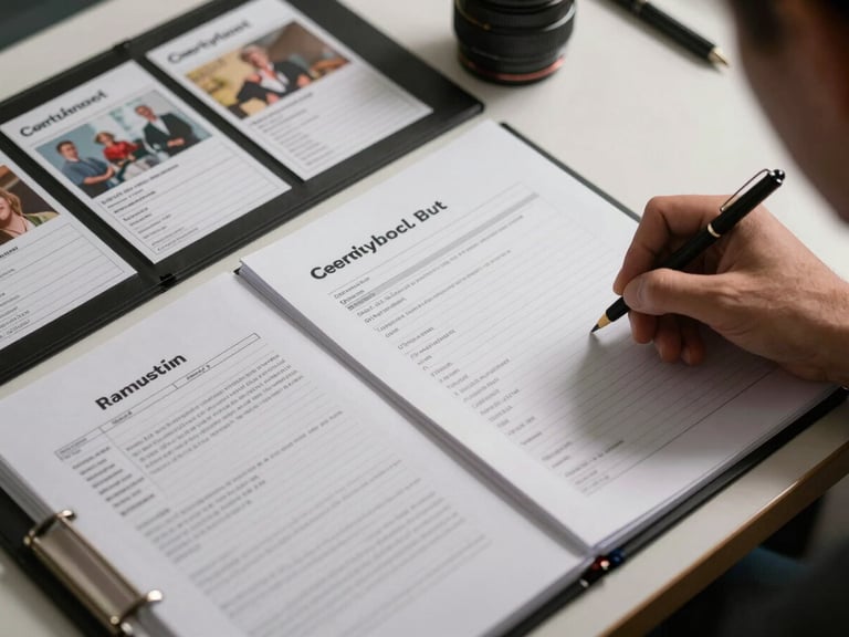 Close-up overhead flat-lay of an open casting binder on a production table, rate cards and campaign briefs fanned across the surface, a hand reaching in from the right annotating a call sheet, hard set lighting casting sharp shadows across the pages