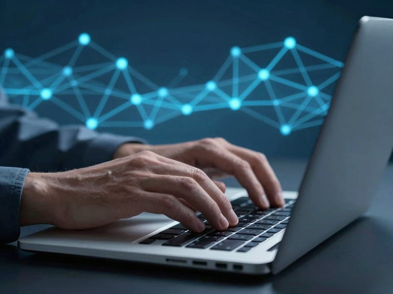 Close-up of hands typing securely on a laptop keyboard, abstract digital network visualization in the background, cool studio lighting.