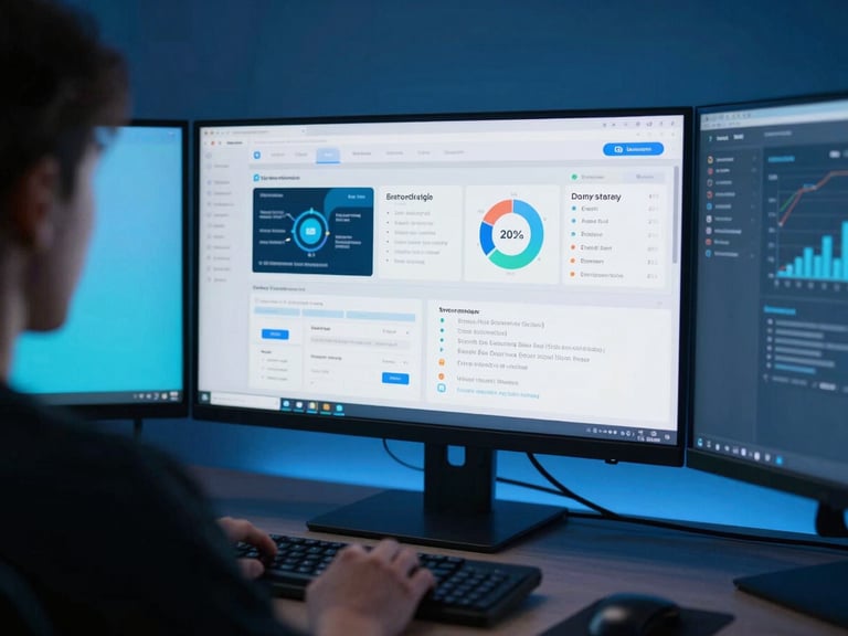 Over-the-shoulder view of a multi-monitor setup showing a content strategy dashboard, crisp focus, cool blue ambient light.