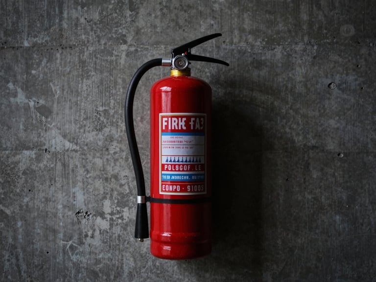 Red fire extinguisher mounted on a raw concrete wall, industrial setting, sharp cool-toned lighting, deep charcoal and burgundy tones.