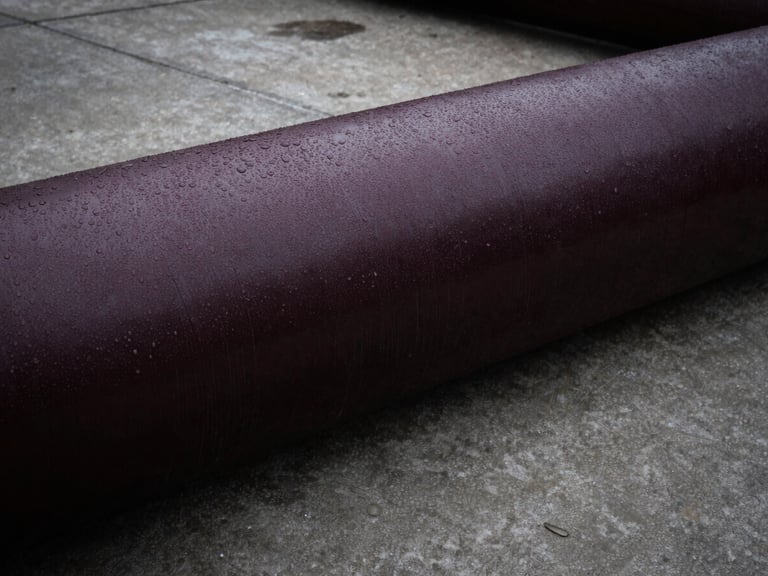 Industrial drainage pipe on a concrete floor, water droplets, high contrast, deep charcoal tones, industrial engineering photography.