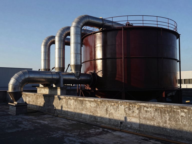 Wide shot of an industrial rooftop with metal ducts and a large water reservoir, low sun, dramatic shadows, industrial engineering photography.
