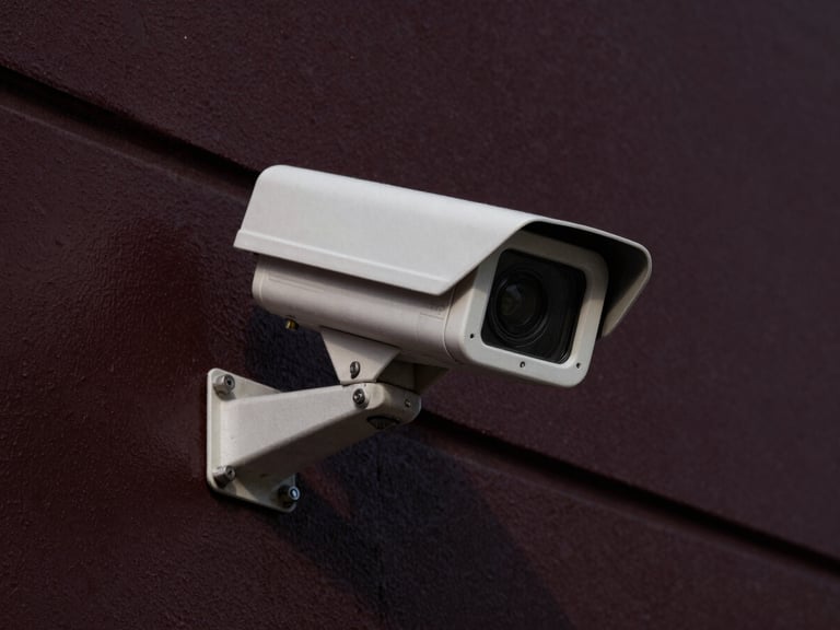 Close-up of a security camera lens on a dark industrial wall, sharp focus, high contrast, dramatic side lighting, deep charcoal and burgundy tones.
