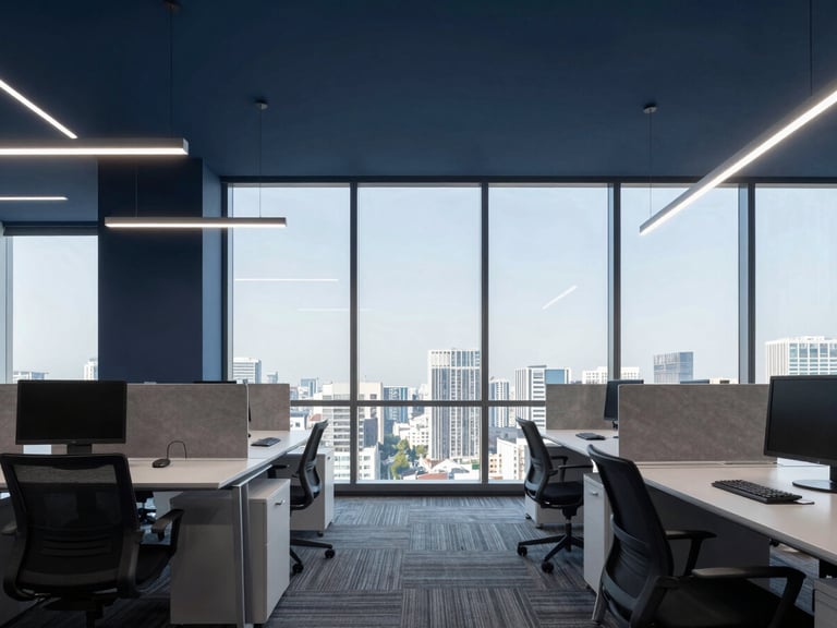 Modern office interior with clean lines, minimalist furniture, and large windows revealing a cityscape, sharp lighting.