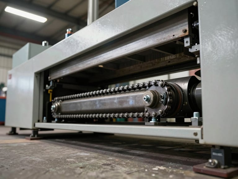 Low-angle shot of a shrink tunnel machine frame, showing the undercarriage, conveyor drive chain and adjustment bolts in sharp focus, factory floor concrete visible below, overhead fluorescent lighting casting hard shadows on steel structure