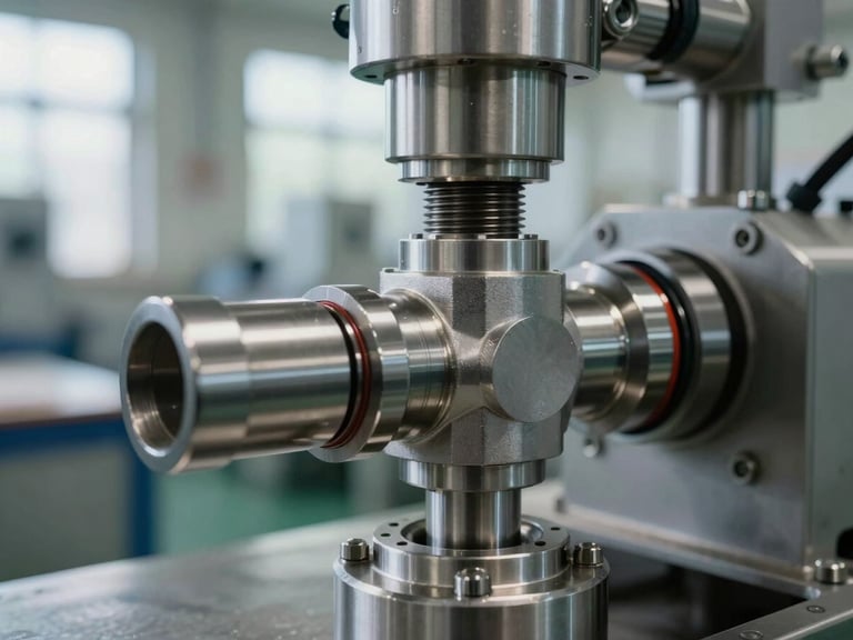 Macro close-up of a pouch filling machine's spout and valve assembly, stainless steel surface with machined threads and sealing ring visible, factory daylight from high windows, depth of field on mechanical precision