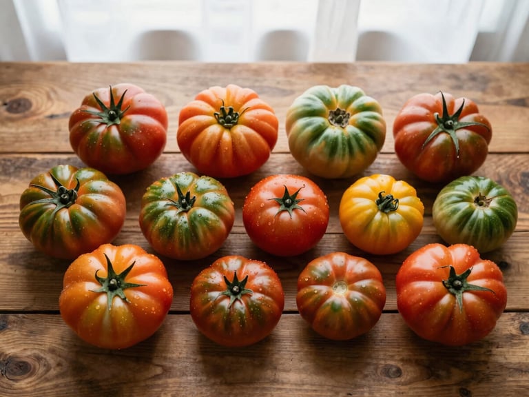 Overhead flat lay of diverse, colorful heirloom tomatoes on a rustic wooden table, soft diffused window light.
