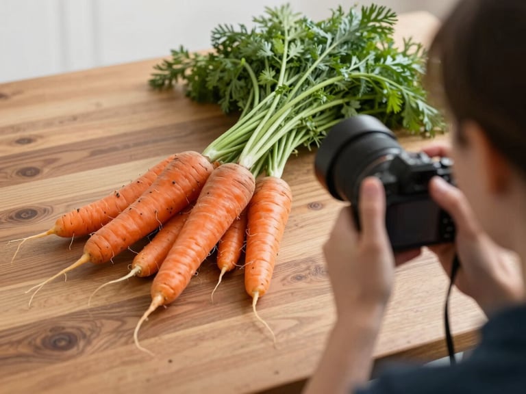 Over-the-shoulder shot of an agency member photographing freshly harvested heirloom carrots on a wooden table, soft overcast light.