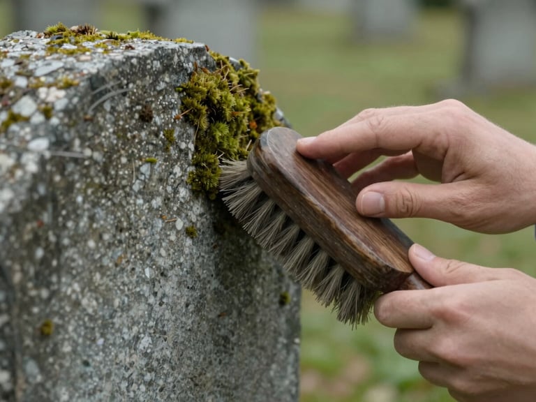 Respectful close-up of hands gently brushing moss off an old granite headstone with a soft brush, natural diffused daylight, no tools visible.