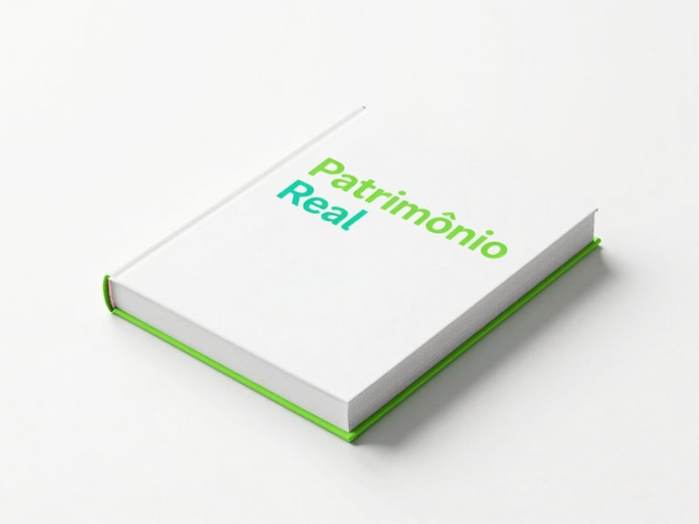 Bright high-key studio photography of the Patrimônio Real book mockup on a clean white surface with subtle green shadows