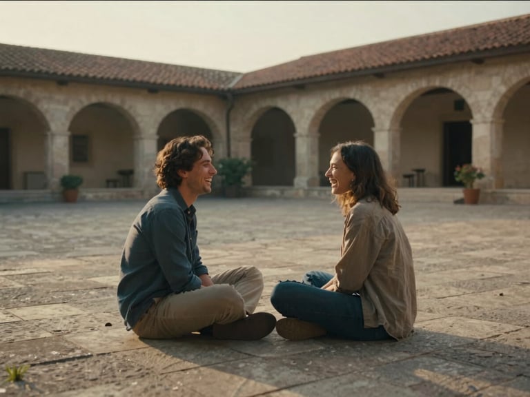 Candid, unposed cinematic wide shot of a couple sharing a quiet laugh in an open-air stone courtyard, soft golden hour lighting, natural emotions, editorial style.