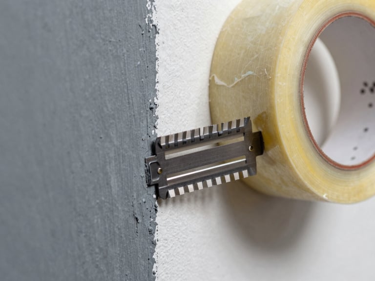 Macro close-up of painter's tape being peeled back to reveal a razor-sharp paint line between slate gray and white walls, crisp focus, natural bright light.