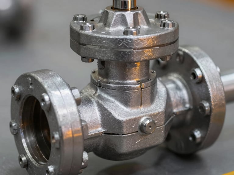 Macro shot of heavy industrial high-pressure steel valve, crisp metallic details, cool steel tones with warm amber highlights, 50mm lens