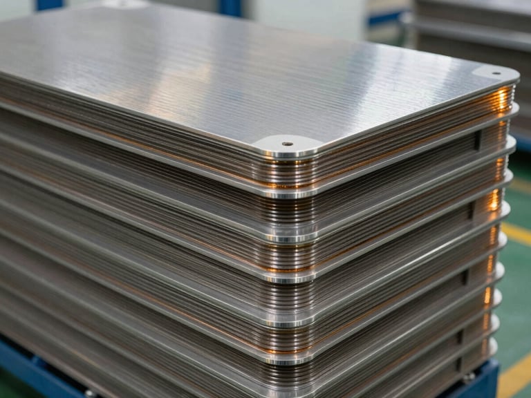 Close-up of industrial filtration membranes stacked in a clean warehouse facility, crisp industrial lighting, sharp metallic details