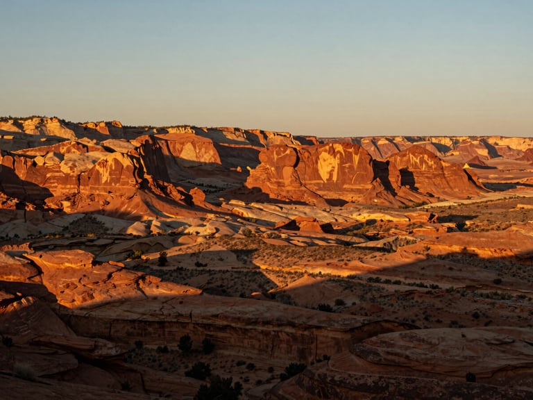 Expansive landscape of red rock canyons in Utah at golden hour, long shadows stretching across the desert floor, cinematic warm light