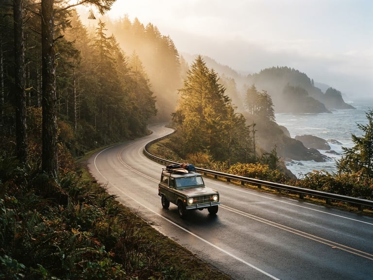A wide-angle environmental landscape of a vintage vehicle driving down a misty coastal highway in Oregon, warm golden-hour light filtering through towering pine trees.