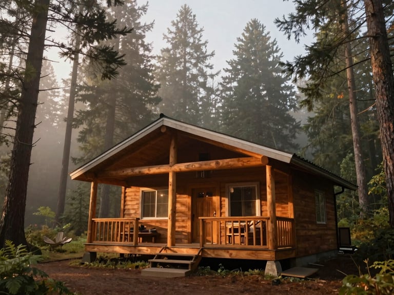 Wide-angle editorial shot of a cozy wooden cabin porch nestled in a misty pine forest of the Pacific Northwest, soft morning light, warm tones