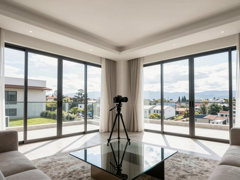 Wide-angle bright architectural photography of a modern luxury living room in Ambato, natural sunlight streaming through large windows, professional camera on a tripod visible in the reflection of a glass table, editorial real estate style
