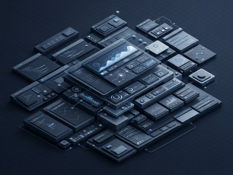 sleek 3d render of a modular software interface, cool diffused studio light, deep navy and slate gray tones, isometric perspective, clean geometry
