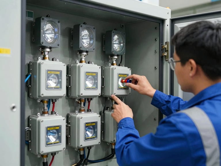 Close-up of a technician in high-vis gear inspecting a medium-voltage switchgear panel, industrial utility lighting, sharp detail.
