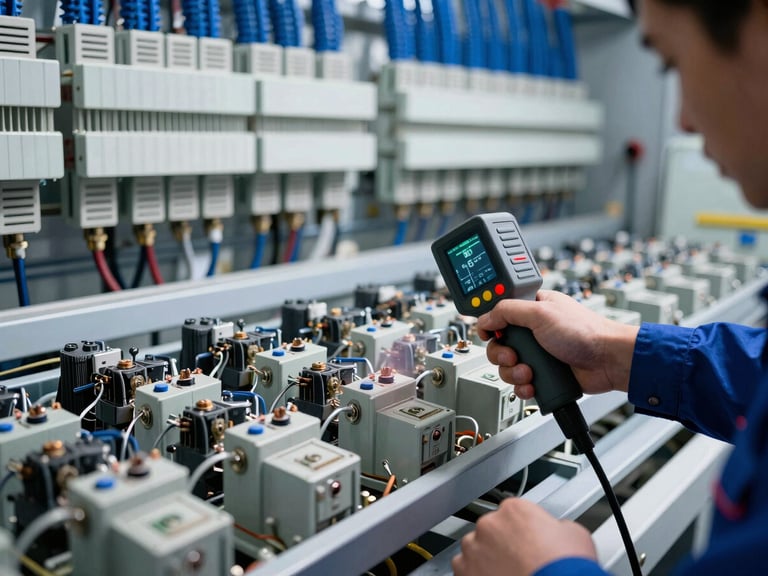 Technician using a thermal imaging camera to inspect electrical components in an industrial setting, high-contrast lighting, macro detail.