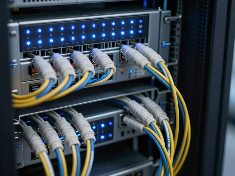 Extreme close-up of cleanly organized server rack wiring, blue LED indicator glows, precise technical installation with labeled cables in a modern server room, cool crisp lighting.