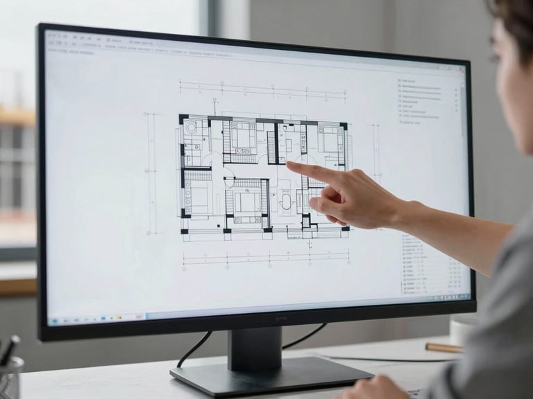 Architect's hands pointing at a technical drawing on a large monitor, clean desk, sharp natural daylight, industrial grey and steel tones, 35mm
