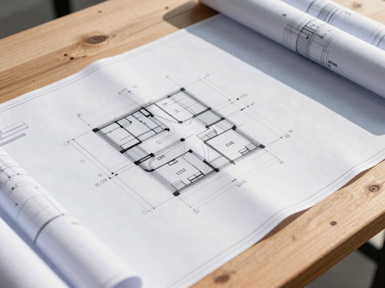 Detailed technical blueprints spread on a clean wooden table, sharp natural daylight, industrial grey and steel tones, 35mm