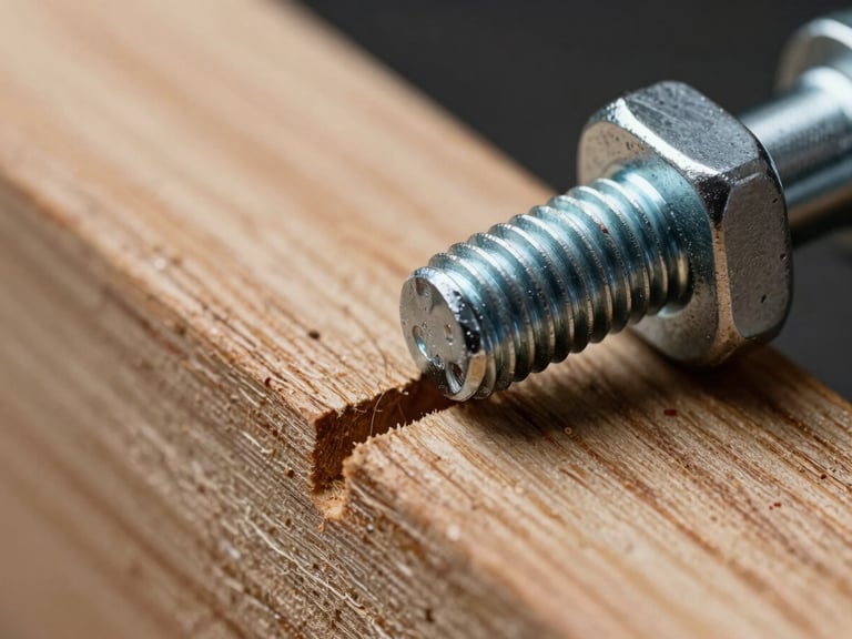 Extreme macro close-up of a brushed steel bolt passing through raw oak timber, showing wood grain fibers and millimeter tolerances, high-contrast studio key light