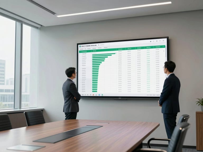 Wide shot of a law firm conference room, two partners standing at a large wall-mounted screen displaying automated reporting dashboards with green metric indicators, north-facing daylight through floor-to-ceiling windows, clean desk surfaces visible in foreground