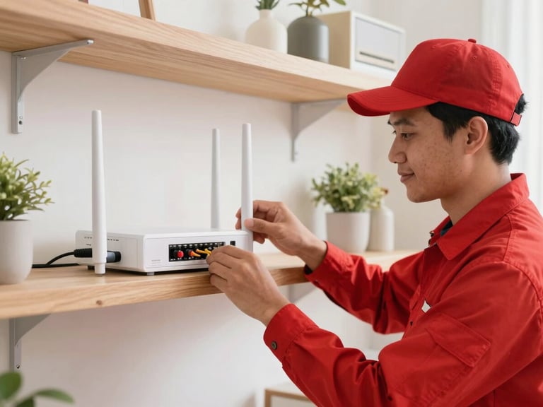 Friendly Indonesian technician in a red uniform installing a modern white fiber optic router on a clean wooden shelf, bright indoor lighting