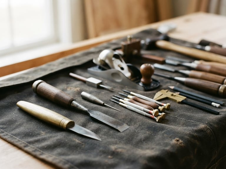 Close-up of clean tools neatly organized on a dark protective drop cloth under soft natural daylight, shallow depth of field, 35mm