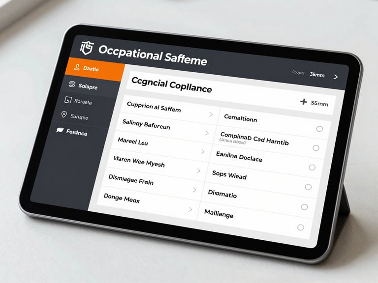Sharp medium-close up of a modern tablet displaying a clean occupational safety compliance dashboard, high contrast daylight, professional slate and orange accents, 35mm photography