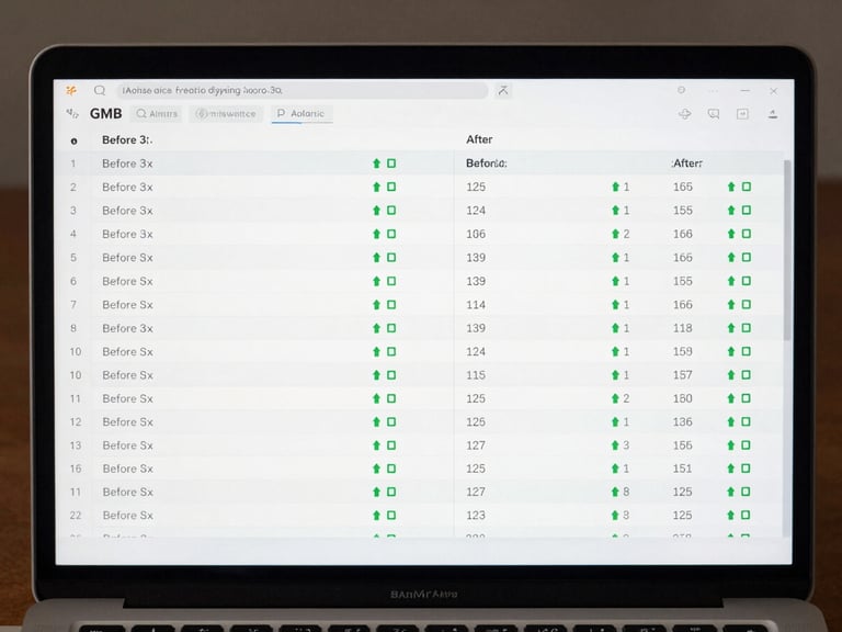 Overhead flat-lay of a laptop displaying a GMB analytics dashboard in edit mode—keyword rank table visible with two columns labeled 'Before' and 'After', green upward arrows next to position numbers, clean screenshot-native lighting, tight crop on the screen showing 20 rows of keyword data with numeric position changes highlighted